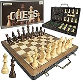 18.5" Wooden Chess Set with Handle,Chess Sets for Adults Kids Portable Folding Board Games with 4.5" King 2 Extra Queens,Handmade Weighted Large Pieces with Storage Slots