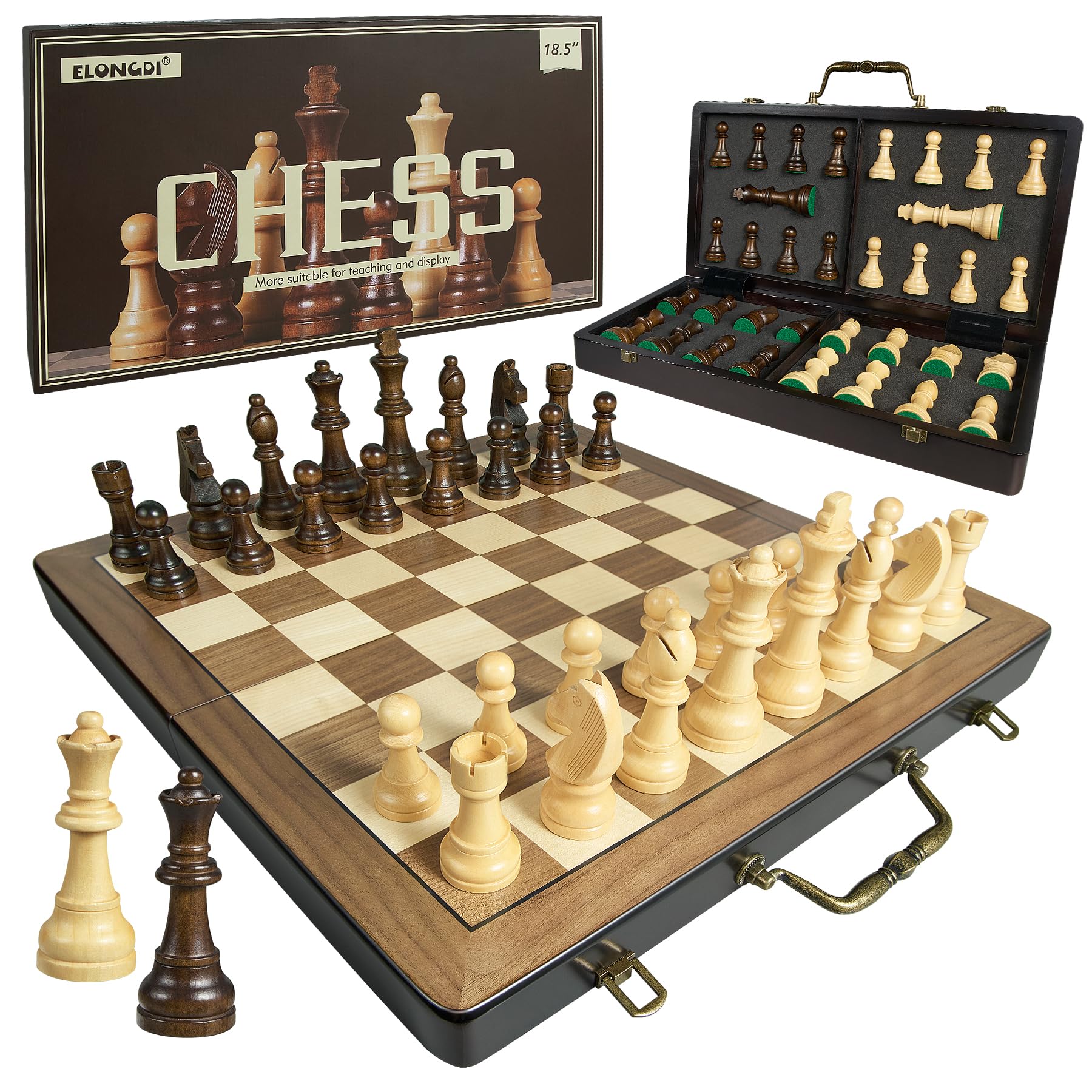 Photo 1 of 18.5" Wooden Chess Set with Handle,Chess Sets for Adults Kids Portable Folding Board Games with 4.5" King 2 Extra Queens,Handmade Weighted Large Pieces with Storage Slots