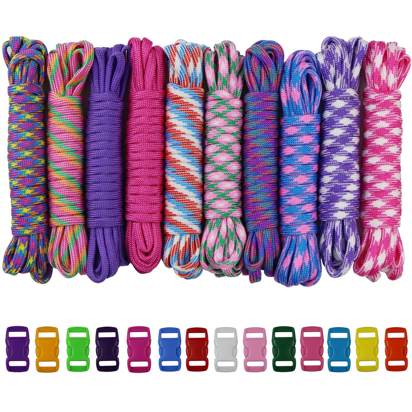 10 Colors Paracord Rope Parachute Cord Outdoor Survival Rope Set With 14 pcs Colorful Buckles DIY Manual Braiding Making Bracelets, Key Chain, Dog Collar, DIY Lanyards (24pcs multicolor)