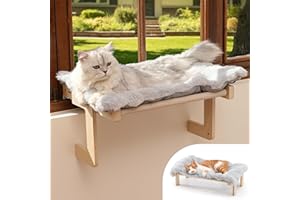 FUKUMARU Cat Window Perch, Transformable Cat Hammock with Fluffy Cushion for Windowsill and Floor, Cats Window Bed for Large 