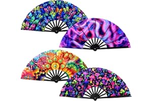 BBTO 4 Pcs UV Glow Large Folding Hand Rave Fan Men Women Clap Fans for Line Dancing Chinese Japanese Bamboo Clack Hand Fan for EDM Music Festival Club Party Dance Gift, 4 Styles, 25"(Fresh)