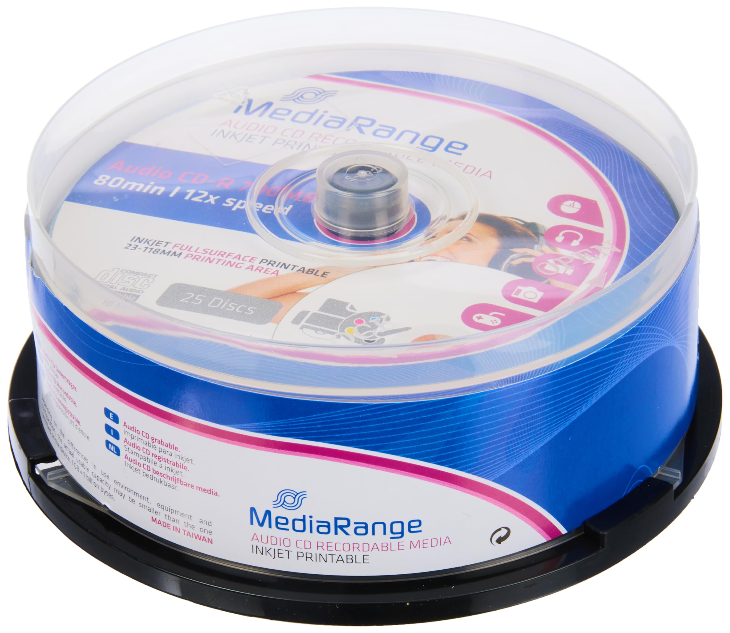 MediaRange Audio CD-R 700MB|80min 12x Write Speed, Full Surface Printable (Inkjet Printer), Cake Box of 25