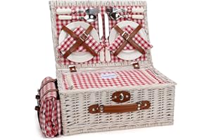 HappyPicnic Fitted Picnic Baskets Cooler Set for 4 Persons with Large Waterproof Picnic Blanket, Insulated Compartment and Cu