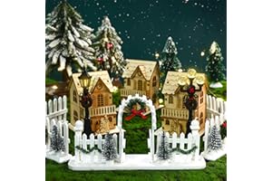 QUEEKAY 5 Pcs Christmas Village Decorative Fences Entry Gate Lit Figurine Christmas Wreath Tree Picket Fence Snow Accessories for Village Collections Snow Fence Figurine（White Series）