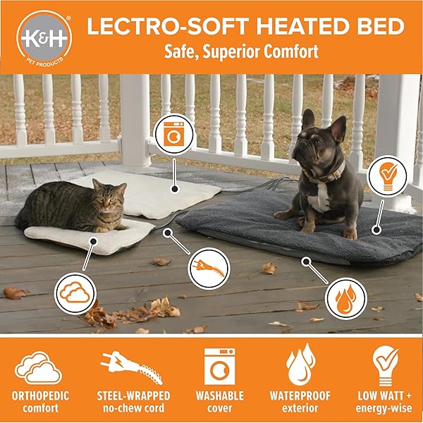 K&H PET PRODUCTS LECTRO-SOFT ORTHOPEDIC OUTDOOR HEATED DOG OR CAT BED FOR LARGE DOGS OR MULTIPLE CATS, SAFETY LISTED WARMING PAD, WATERPROOF, SOFT & FLEXIBLE, WASHABLE COVER – LARGE 36 X 25IN TAN 60W