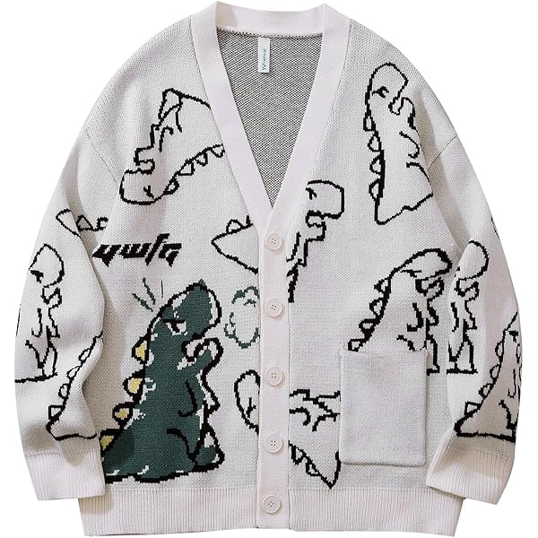 Flygo Women's Dinosaur Knit Sweater - Oversized Y2K Aesthetic Pullover, Black, X-Large