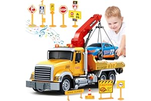 BSTOYDER Kids Toys for 3 4 5 6 7 Years Old Boys, 15" Large Tow Truck Toy, Friction Powered Transport Truck Crane Vehicle Toy with Lights and Sounds, Racing Car, Traffic Signs, Birthday Gifts for Boys Girls