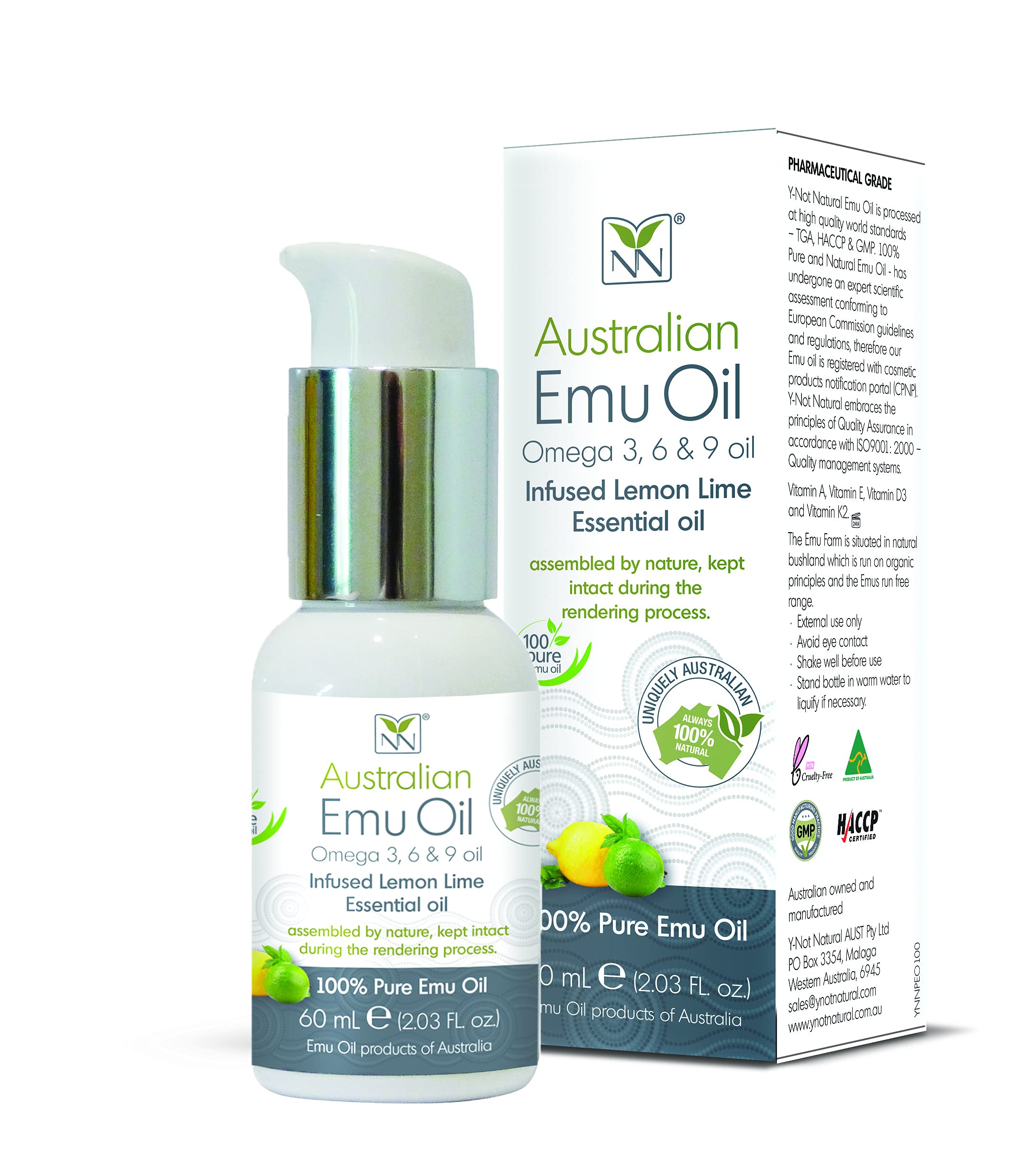 Y Not Natural Pure Emu Oil Infused w/Lemon Lime - Face Moisturizer, Body Oil & Hair Growth Oil - Organic with Vitamin E, Omega 3-6-9 - Face Oil, Scalp Oil & Cuticle Oil - Australian Emu Oil (60ml)