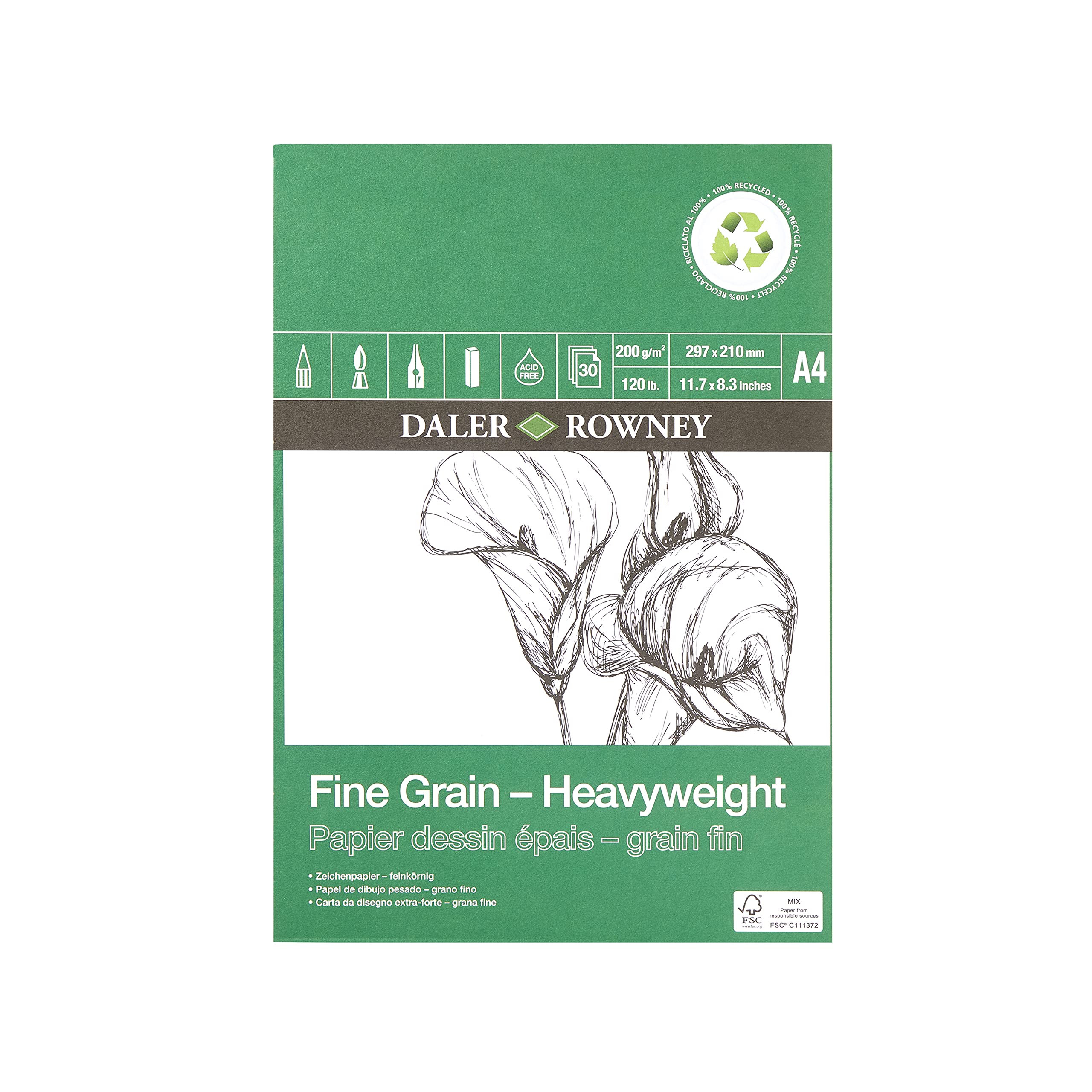 Daler-Rowney Fine Grain Lightly Textured 200gsm A4 Eco-Friendly Drawing Paper Pad, Glued 1 Side, 30 White Heavyweight 30 Sheets, For Professional Artists & Students