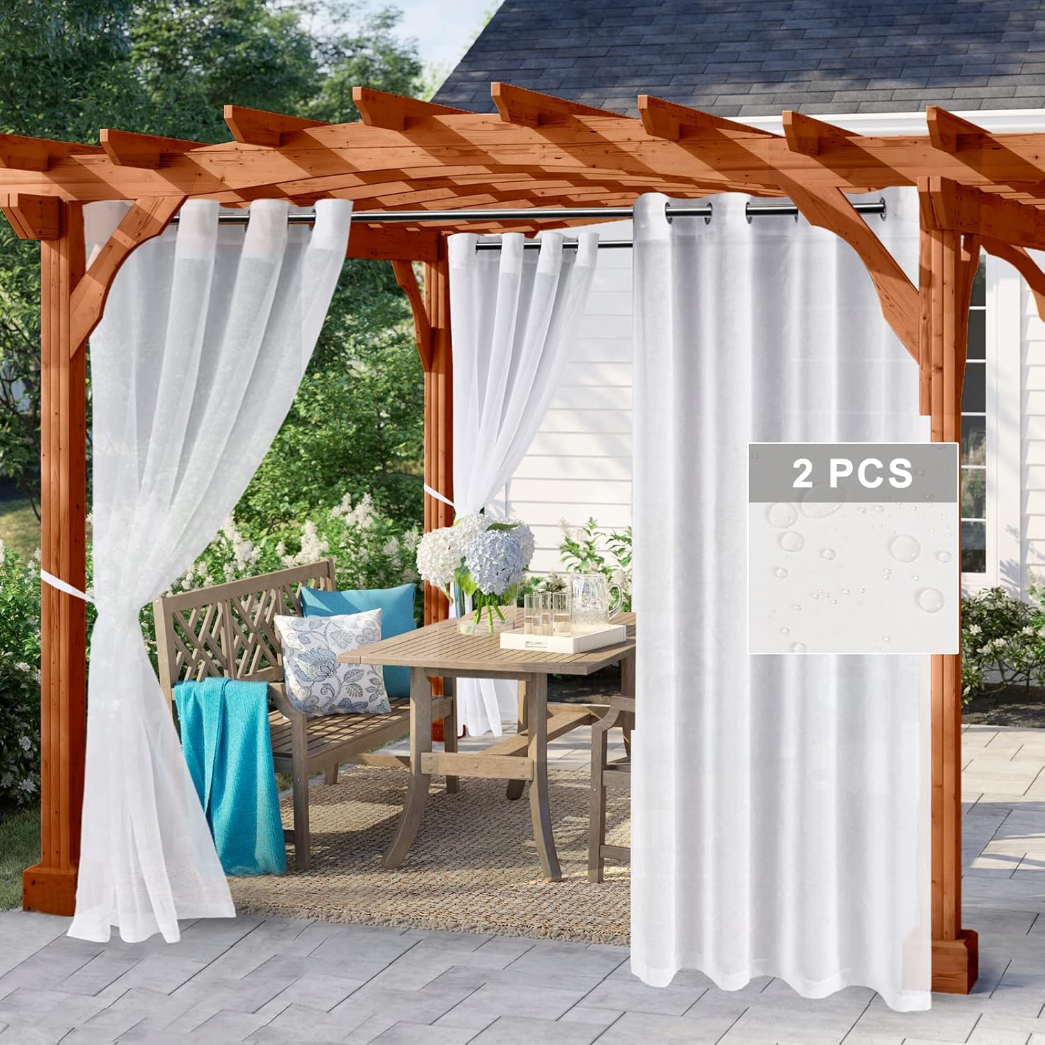 Outdoor Curtains - Hiasan Outdoor Sheer Curtain for Patio Waterproof Wind Blowing Curtains Panels with Grommet Top and Tiebacks in Porch Pergola Cabana Gazebo Deck Set of 2 Panels (W52 x L84,White)