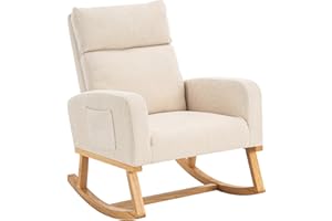 HOMYKA Rocking Chair Nursery, Upholstered Nursing Rocker Chair for Mom with High Backrest and Side Pockets for Bedroom Living Room, Beige