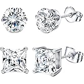 BESTEEL 2Pairs Hypoallergenic Black Stud Earrings for Men Women 316L Stainless Steel Square Round CZ Mens Earrings Studs Jewelry Set for Sensitive Ears 3-8MM Black Silver