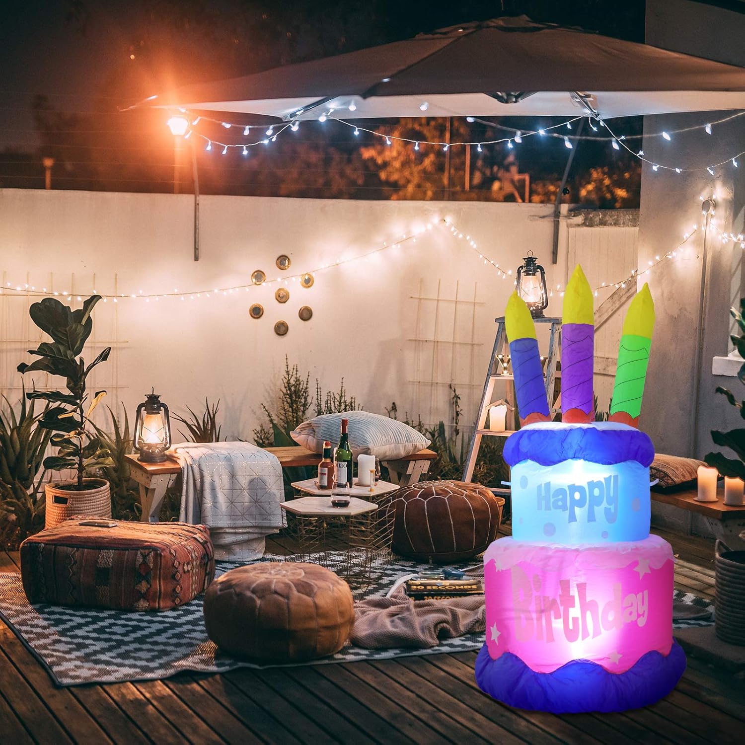 MUMTOP 4 Foot Tall Inflatable Happy Birthday Cake with 4 Candle Indoor Outdoor LED Light Holiday Decorations, Blow up Lighted Garden Decor, Lawn Inflatable Home Yard Party Favor Decoration: Garden & Outdoor