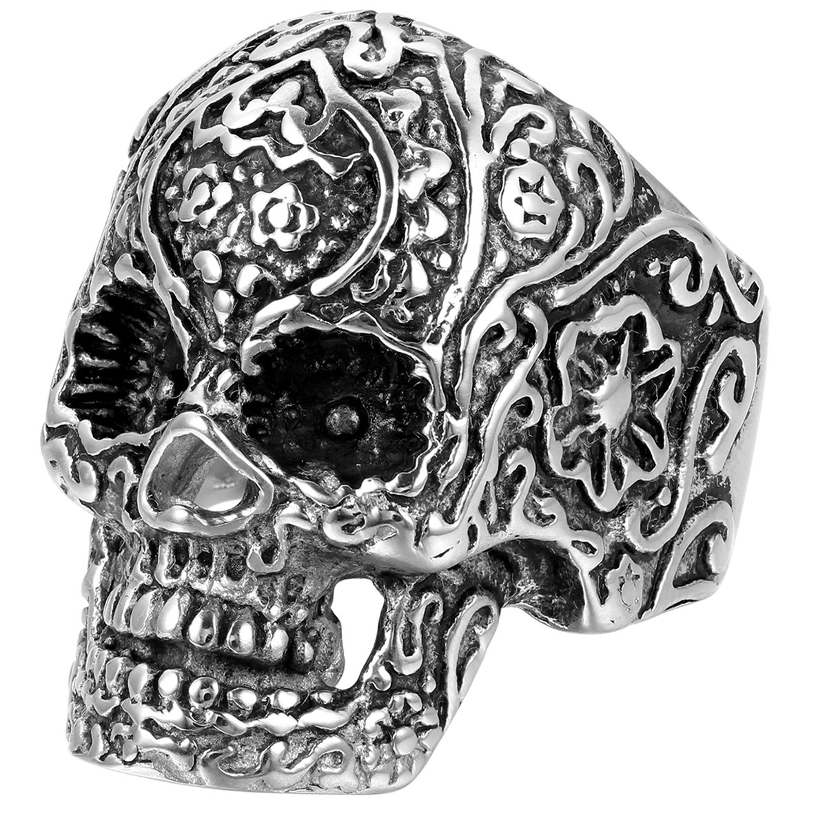 JewelryWe Vintage Mens Gothic Carving Flower Skull Stainless Steel Ring Black Silver(Size T) Valentine Day Gift