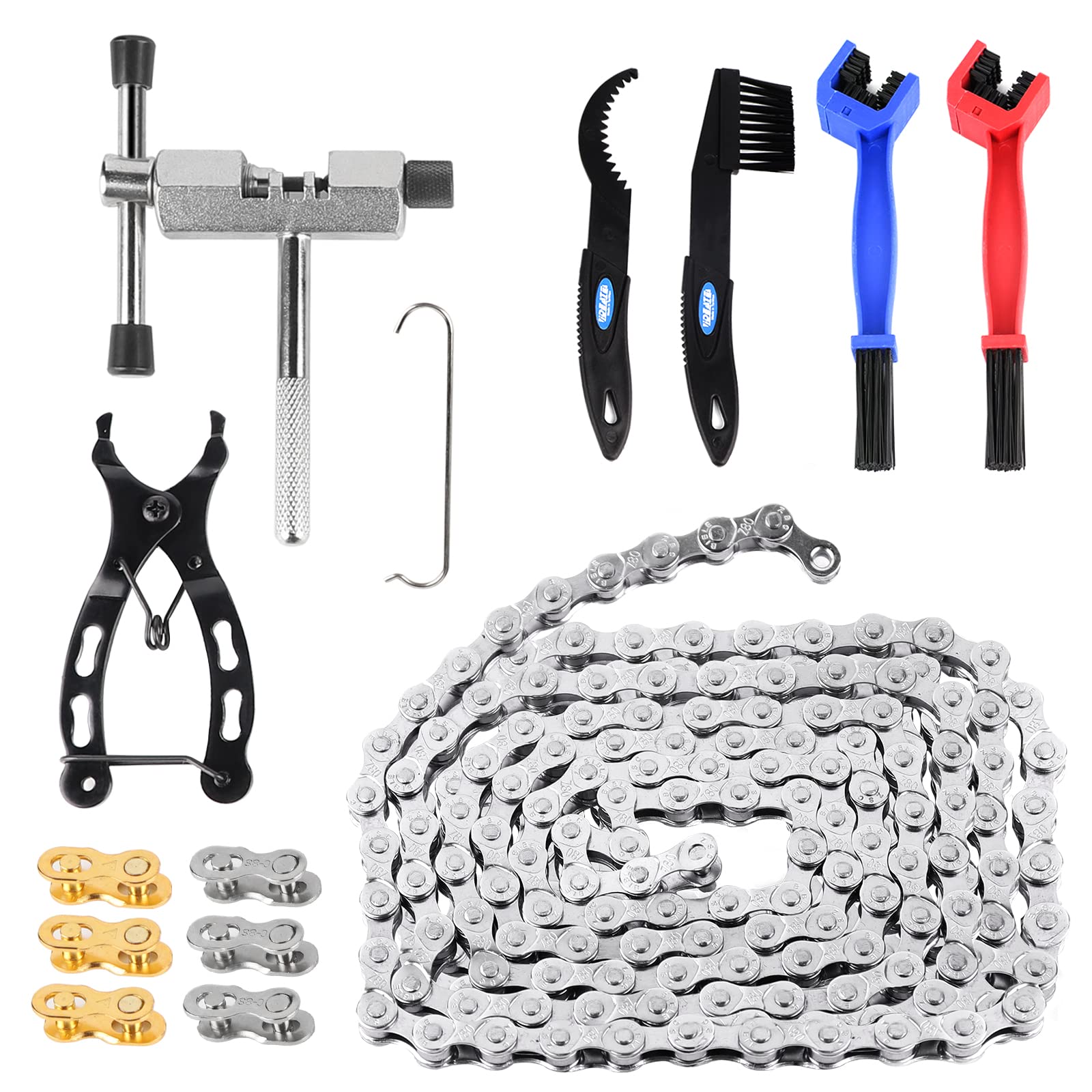 DBREAKS Bicycle chain, 6/7/8 speed bicycle chain tool, with chain breaker and chain tester, 6 pairs of chain lock, bicycle cleaning brush, for road bike, mountain bike, etc.