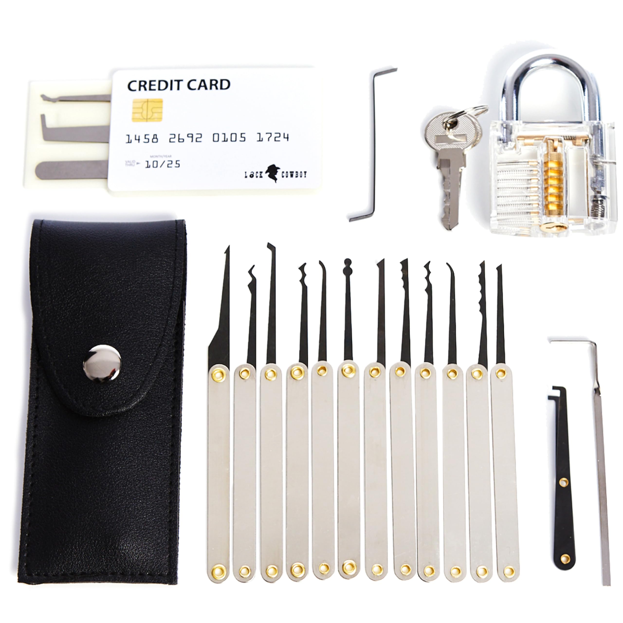LOCK COWBOY 20-Piece Lockpicking Set with Transparent Padlock and Detailed Instructions - Professional Lock Picking Kit for Beginners, Experts - Portable Mens Gadgets for Security and Training