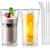 Joeyan Glass Double Walled Beer Drinking Glasses Tumbler 16 oz, Double Layer Tall Borosilicate Insulated Water Cocktail Glass Cups, Double Lined Thermo Tea Coffee Hot Beverage Glassware, Set of 2