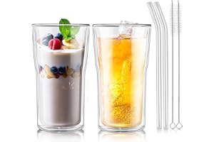 Joeyan Large 16.5oz Double Walled Borosilicate Glass Coffee Tea Tumbler Cups Set of 2 for Latte Espresso Cappuccino, Insulate