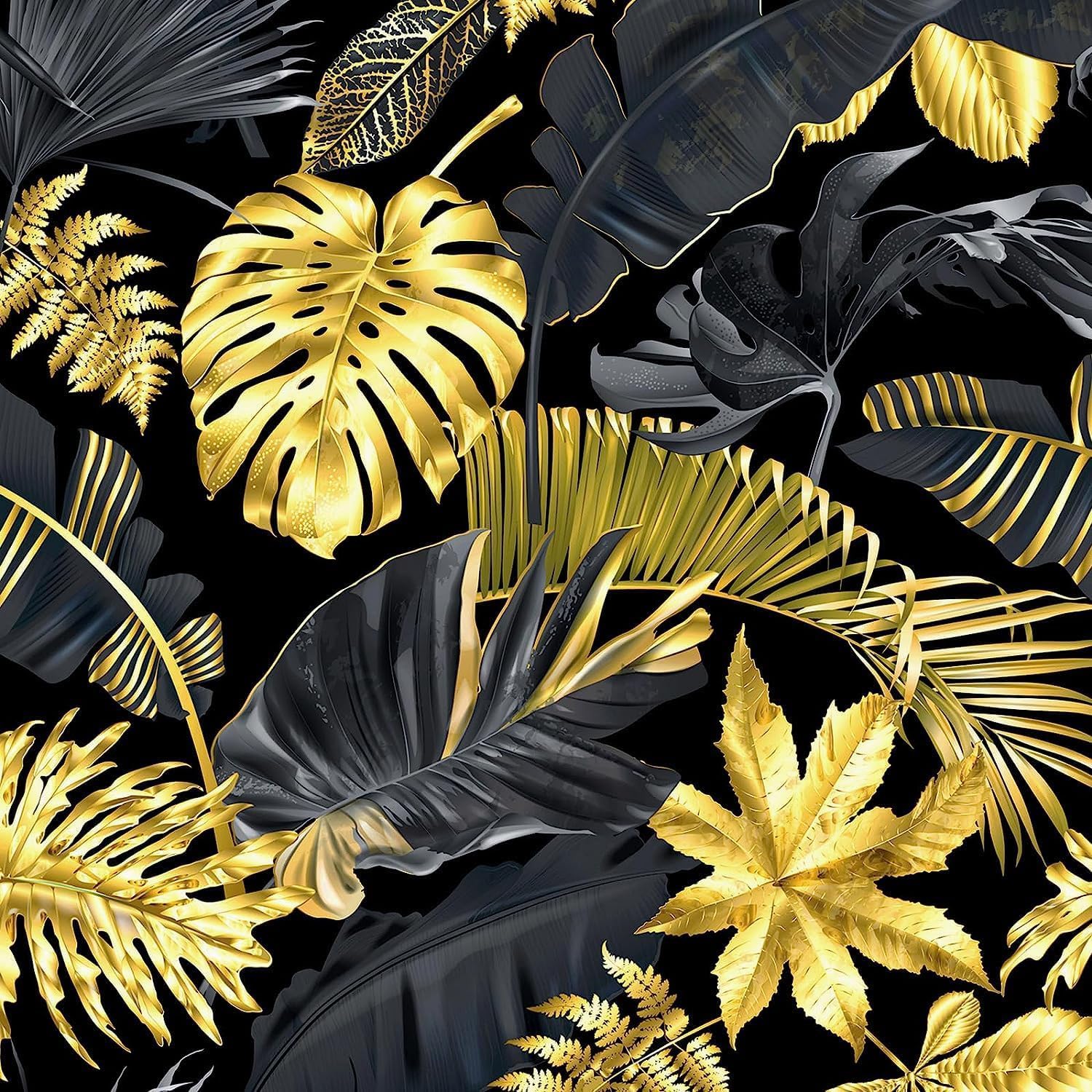 FunStick 44.5CM×9M Black and Gold Leaf Wallpaper Peel and Stick Tropical Jungle Wallpaper for Bedroom Bathroom Palm Leaves Black and Gold Vinyl Wrap for Kitchen Cupboards Furniture Sticky Back Plastic