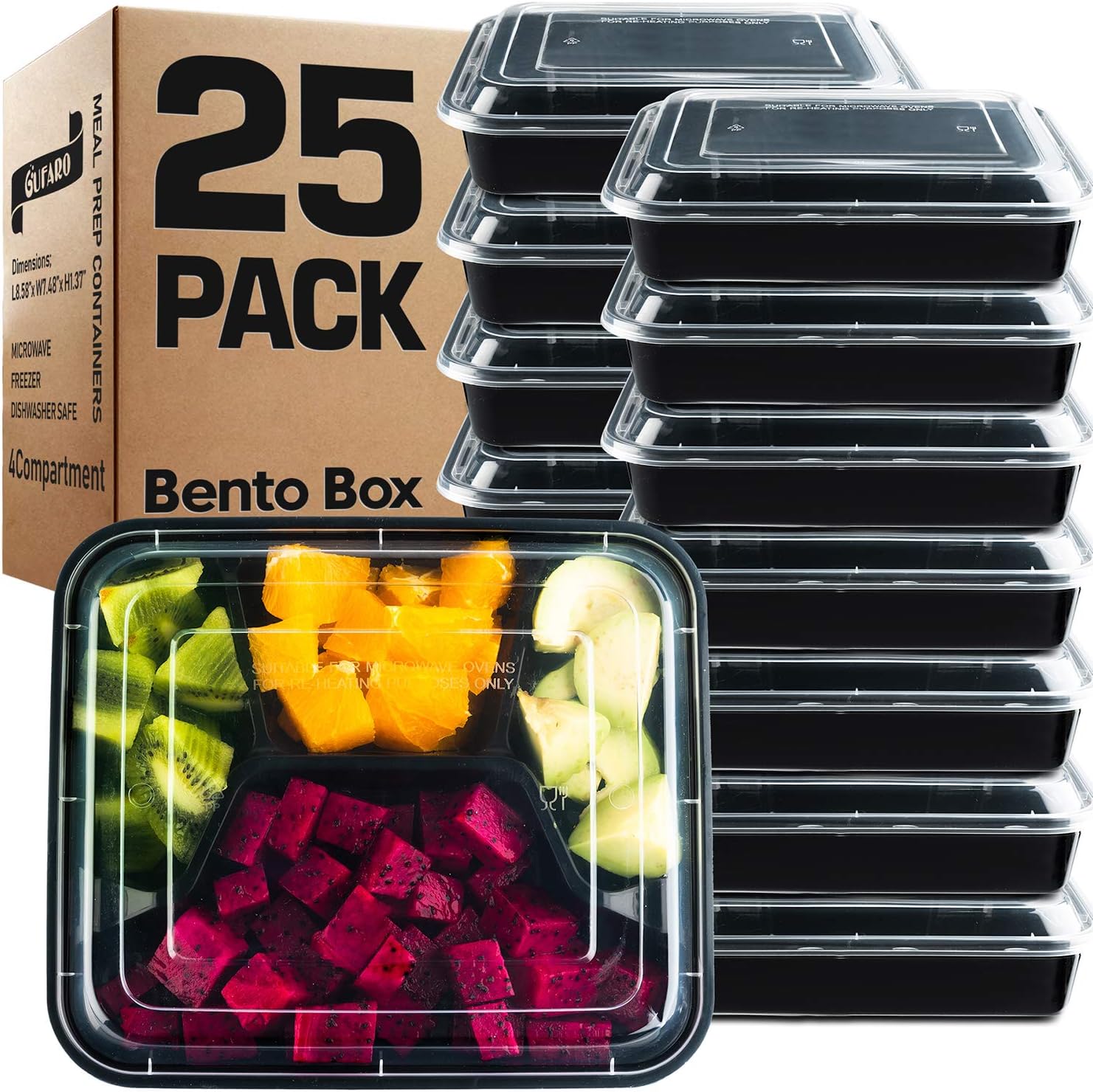 GUFARO Premium Meal Prep Containers Reusable 32oz - GIANT 25 Pack. Choose 1, 3, 4 Compartment with Matching Airtight Freshness Lids. BPA Free, Microwavable Bento Lunch Box (4 Compartment)