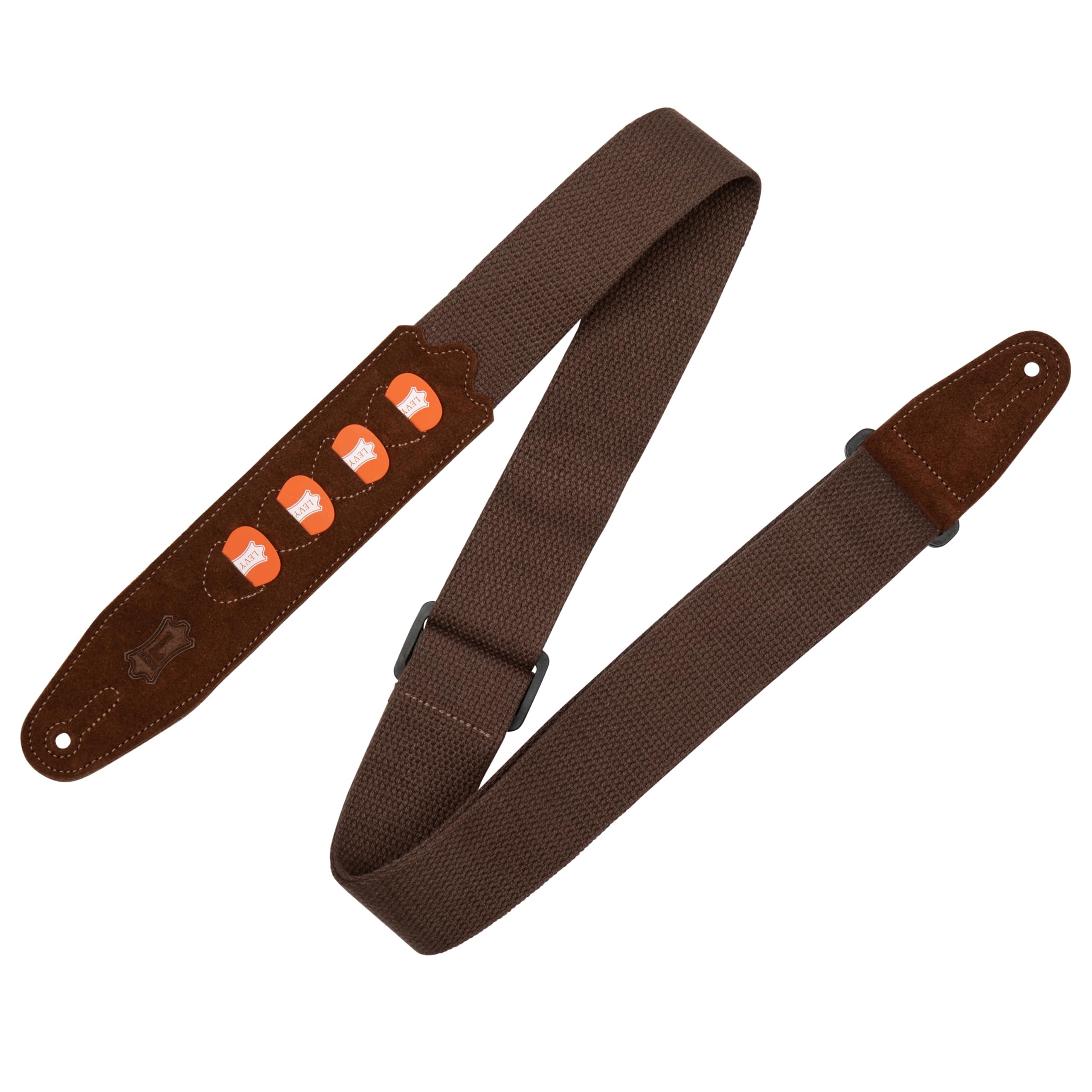 Levy's Leathers Unisex's 2" Brown Cotton Holder Strap with Extended Suede Ends Hold 4 Picks and Adjusts from 37" to 59" Guitar, Standard