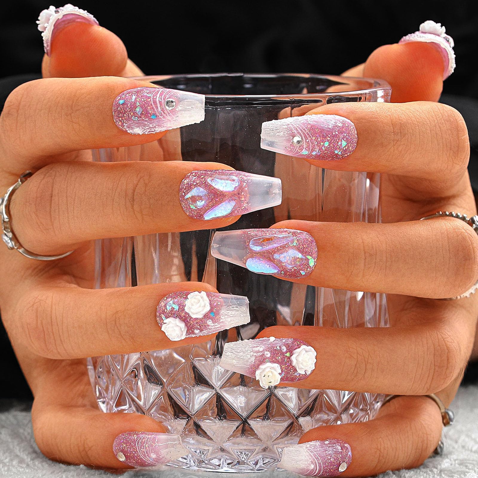 Sethexy Purple Handmade Press On Nails Long Coffin Fake Nail 3D Flowers Salon False Nails with Design Arcylic for Women and Girls 10PCS (#)
