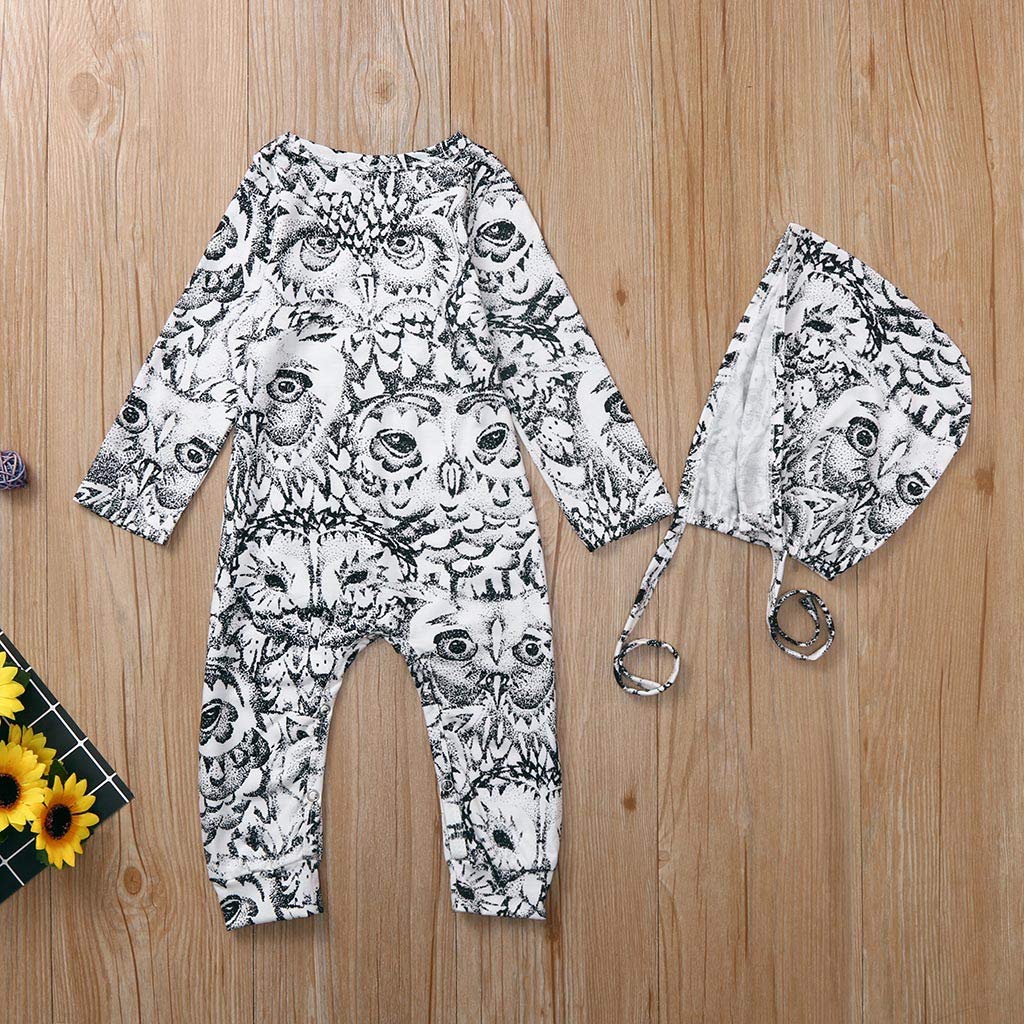 Newborn Cartoon Rompers, Baby Boy Girl Jumpsuit Infant Toddler Owl Print Long Sleeve Cotton Pajamas Playsuit Homewear Sleeping Hat Outfits (White, 0-6 Months)