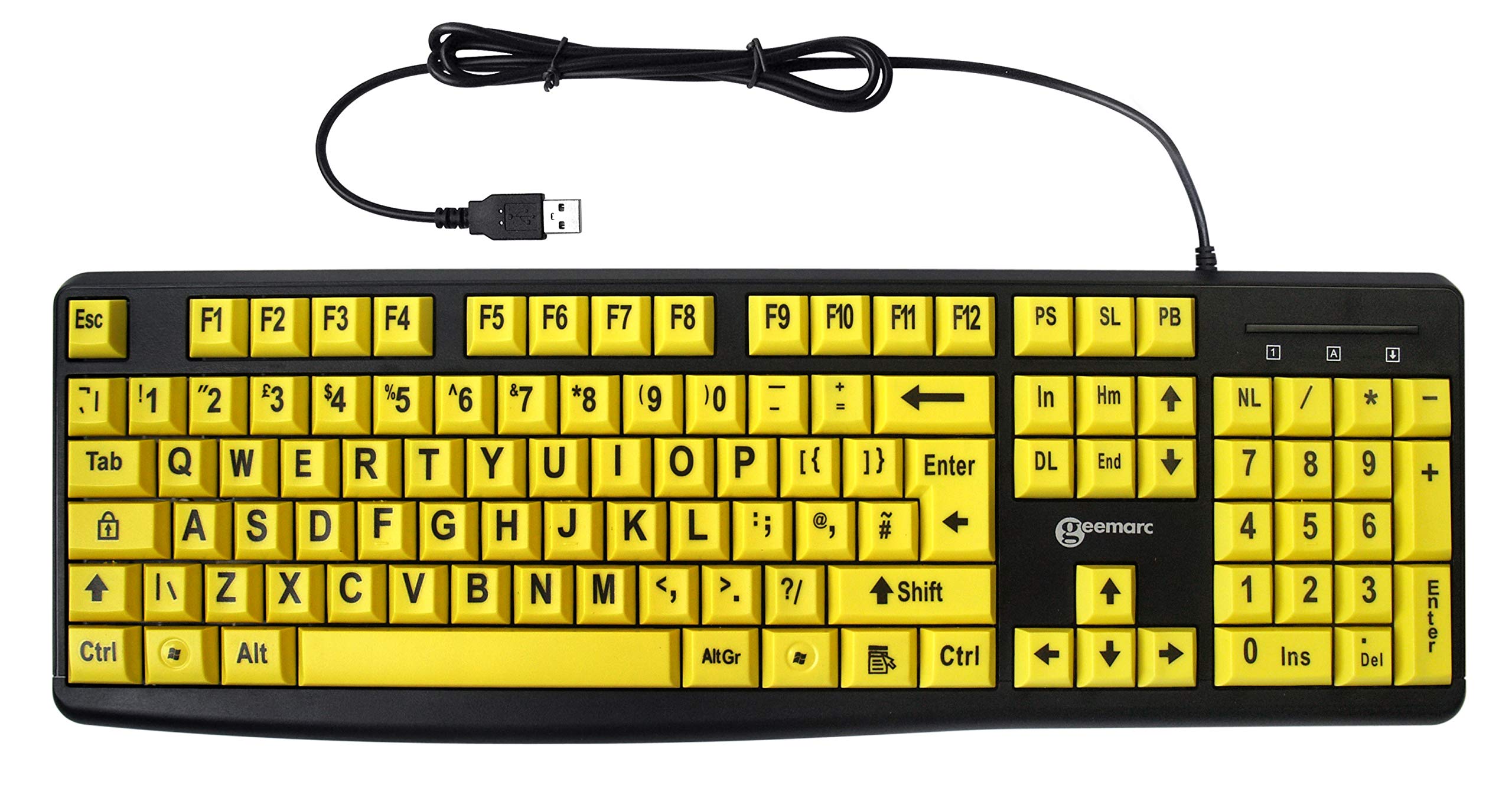 Geemarc Wired Alphanumeric Keyboard with Large Black Lettering and Yellow Keys - High Colour Contrast for People with Low Vision - Compatible with Windows XP, Vista, 7, 8, 10 - UK Version โ image 1