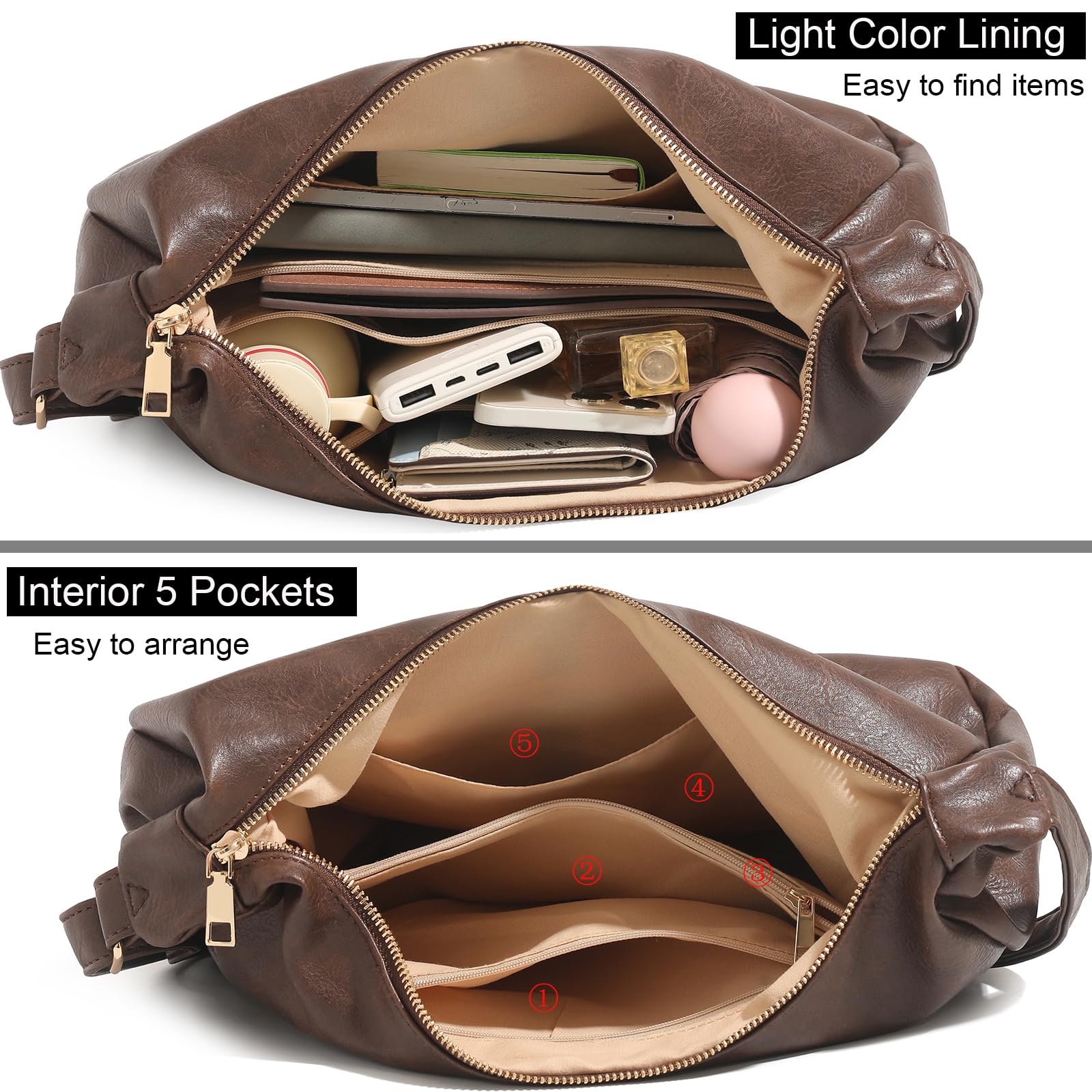 NIUEIMEE ZHOU Hobo Bags for Women Foldable Vegan Leather Shoulder Handbag Slouchy Tote Crossbody Purses