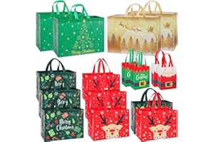 YALTOON 16 Pack Christmas Gift Bags Assorted Sizes, Reusable Heavy Duty Tote Bags with Handles - 4 Extra Large, 8 Large, 4 Small, Non-Woven Christmas Bags for Gifts, Holiday Shopping, Xmas Party Favors