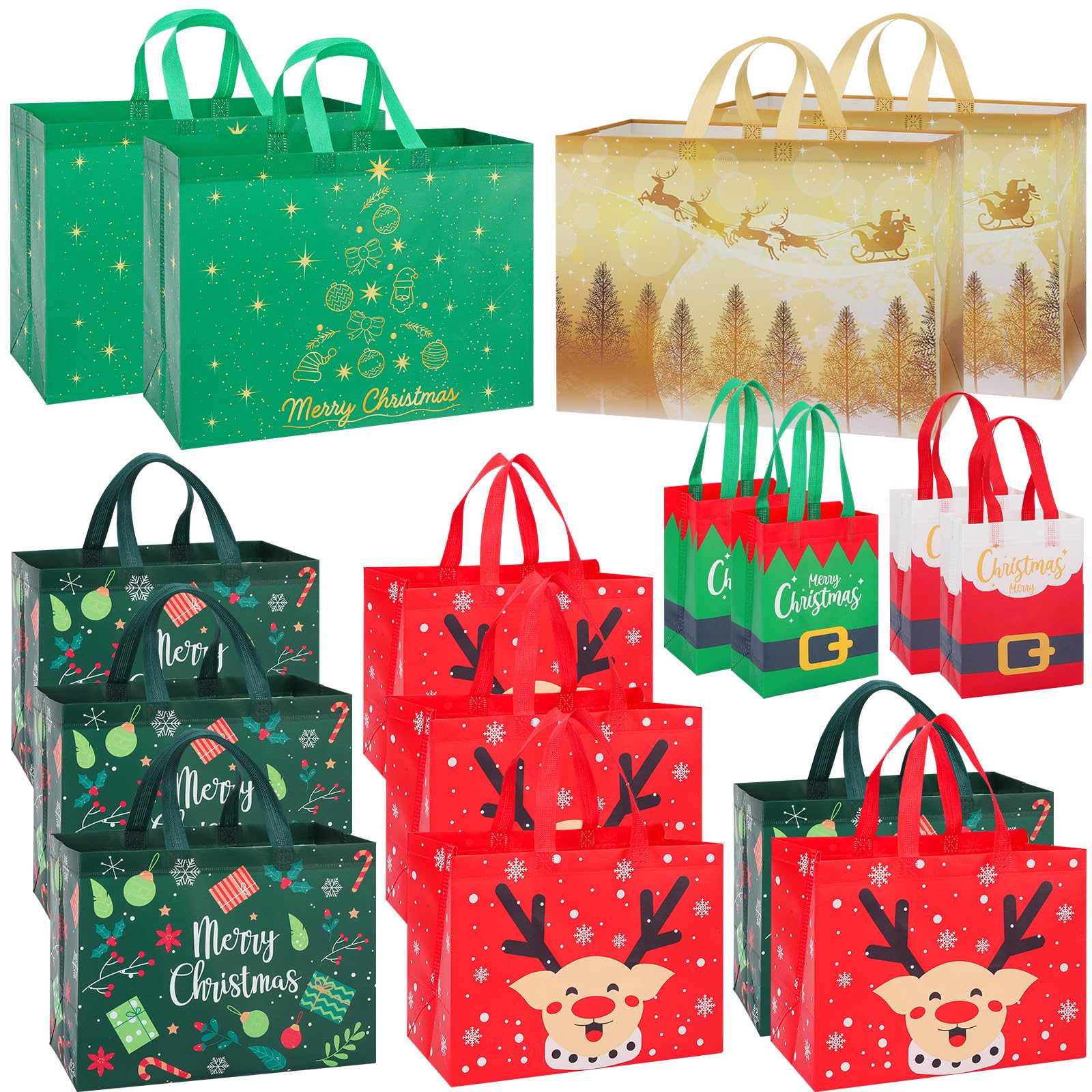 Photo 1 of 16 Pack Christmas Gift Bags Assorted Sizes, Reusable Heavy Duty Tote Bags with Handles - 4 Extra Large, 8 Large, 4 Small, Non-Woven Christmas Bags for Gifts, Holiday Shopping, Xmas Party Favors