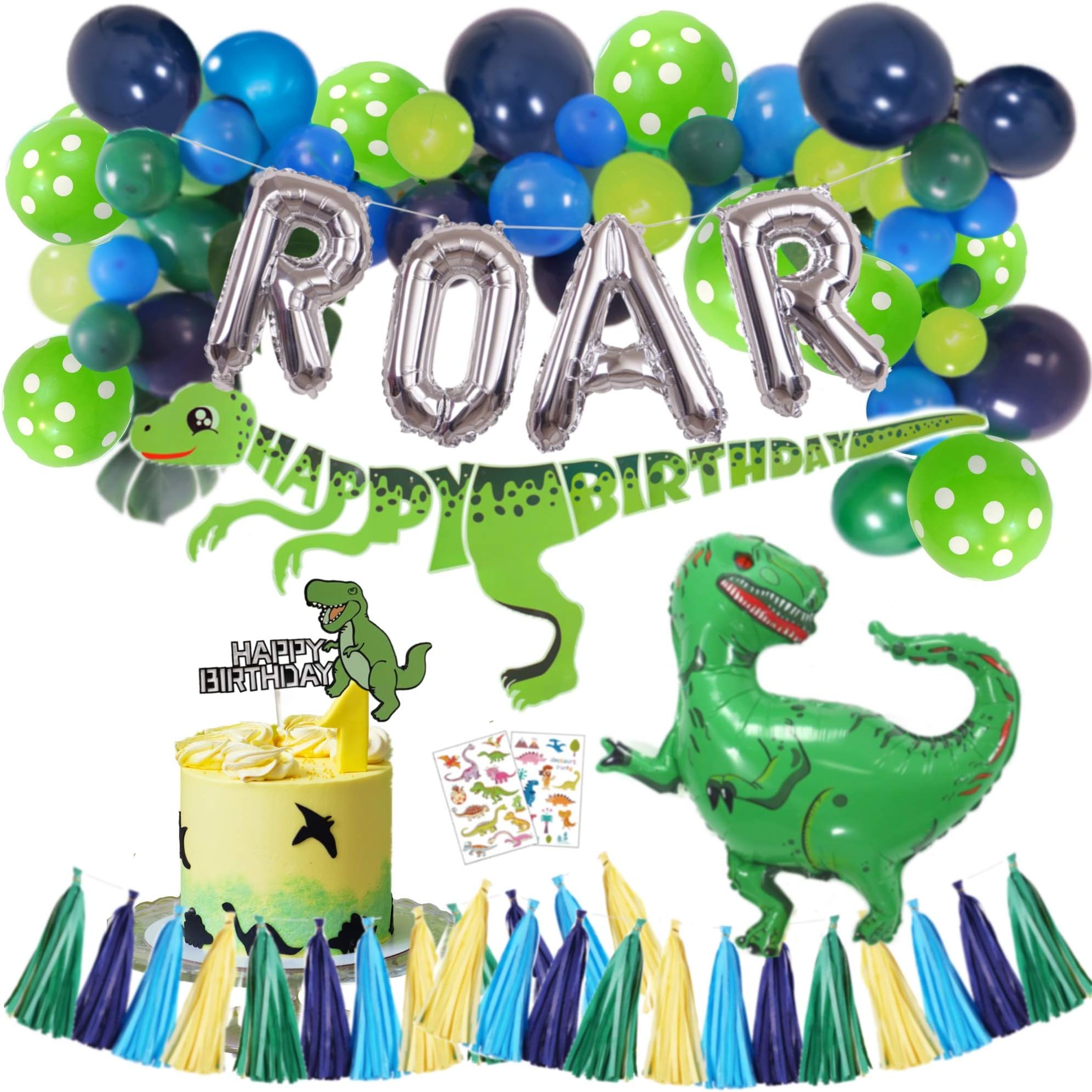 Dinosaur Party Supplies – Little Dino Party Decorations Set, 30" BIG T Rex, Cake Topper, Tattoo Stickers, Silver ROAR, Happy Birthday Banner, Jungle Theme Balloon Garland