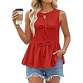 Zanvylia Women Summer Eyelet Peplum Sleeveless Tank Tops Crew Neck Y2K Babydoll Blouse Cute Bow Tie Front Flowy Shirts