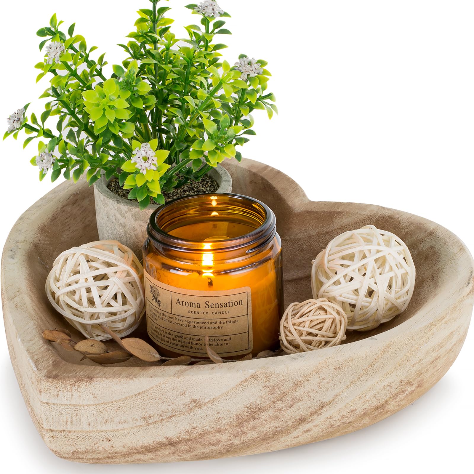 Hanobe Decorative Dough Bowl Heart: Wood Small Bowls Decor Wooden Rustic for Potpourri Key Table Centerpiece 20cm