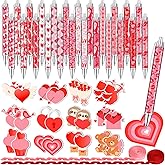 Thenshop 48 Pcs Valentine's Day Sticky Notes with Pens Set Galentines Gifts Bulk 24 Heart Ballpoint Pens 864 Sheets Heart Sticky Notes and 3 Rolls Ribbon for Valentines Exchange Gifts Party Favors