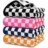 Jacquotha Hand Towels 4 Pack, Cotton Decorative Bathroom Hand Towel & Checkered Kitchen Decor, 13" x 29", Black, Hot Pink, Navy, Orange