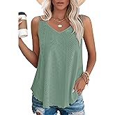 Cysincos Womens Flowy Tank Tops Sleeveless Eyelet Embroidery V Neck Camisoles Summer Loose Fit