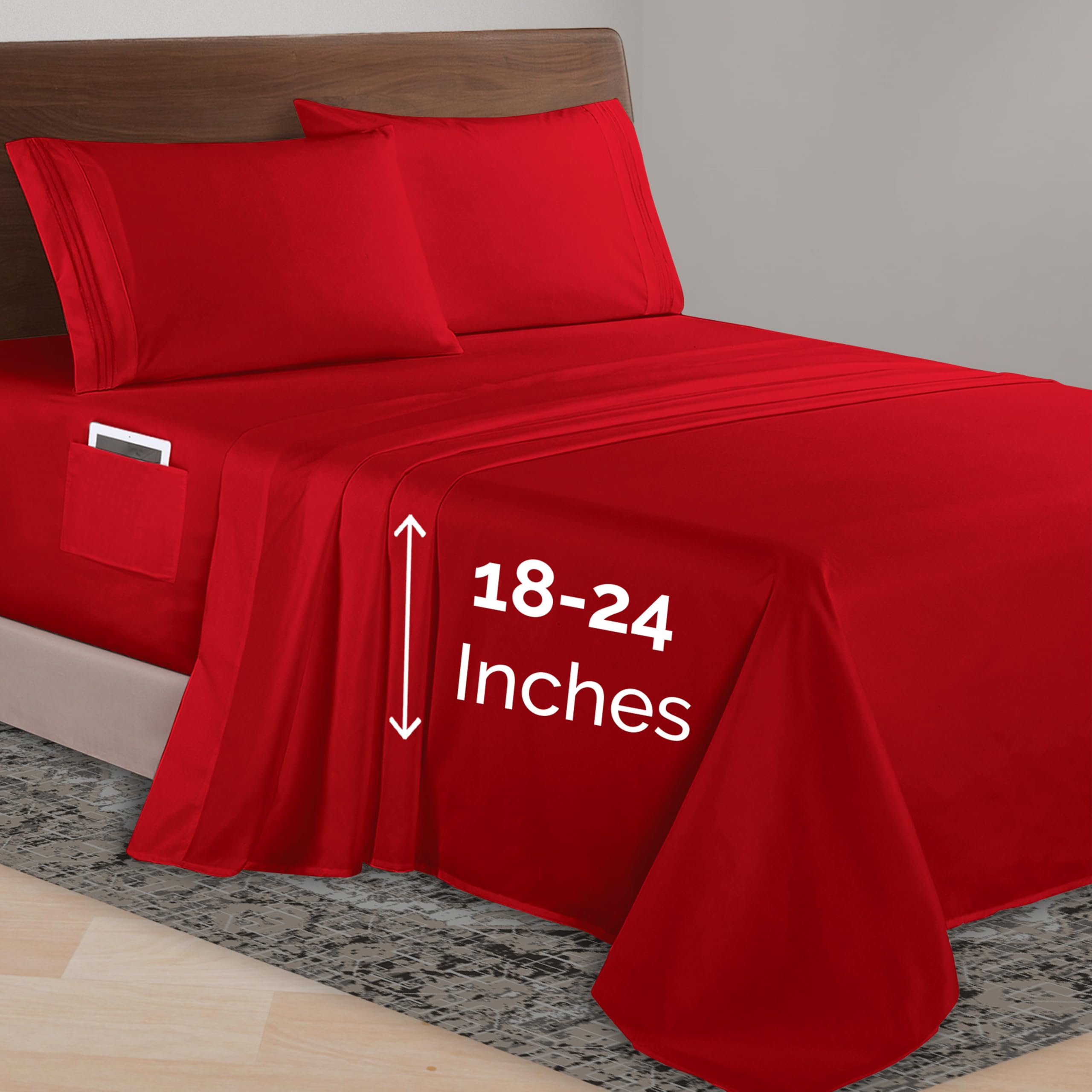 Elegant Comfort Luxurious 1500 Premium Hotel Quality Microfiber 4-Piece Sheet Set, 18-24 Inches Deep - Extra Deep Pocket Sheets - Ultra Soft 4PC Deep Pocket Sheets, Full, Red Image