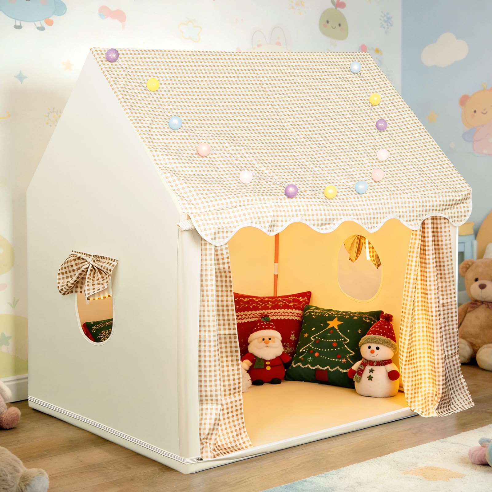 eSynic Kids Indoor Playhouse Tent with Lights & Windows Easy Set Up in 10 Mins Large Portable Play Tents for Toddlers with Metal Frame Kid Den Toy House Gift for 3-12 years old - 120Lx100Wx130L cm β image 1