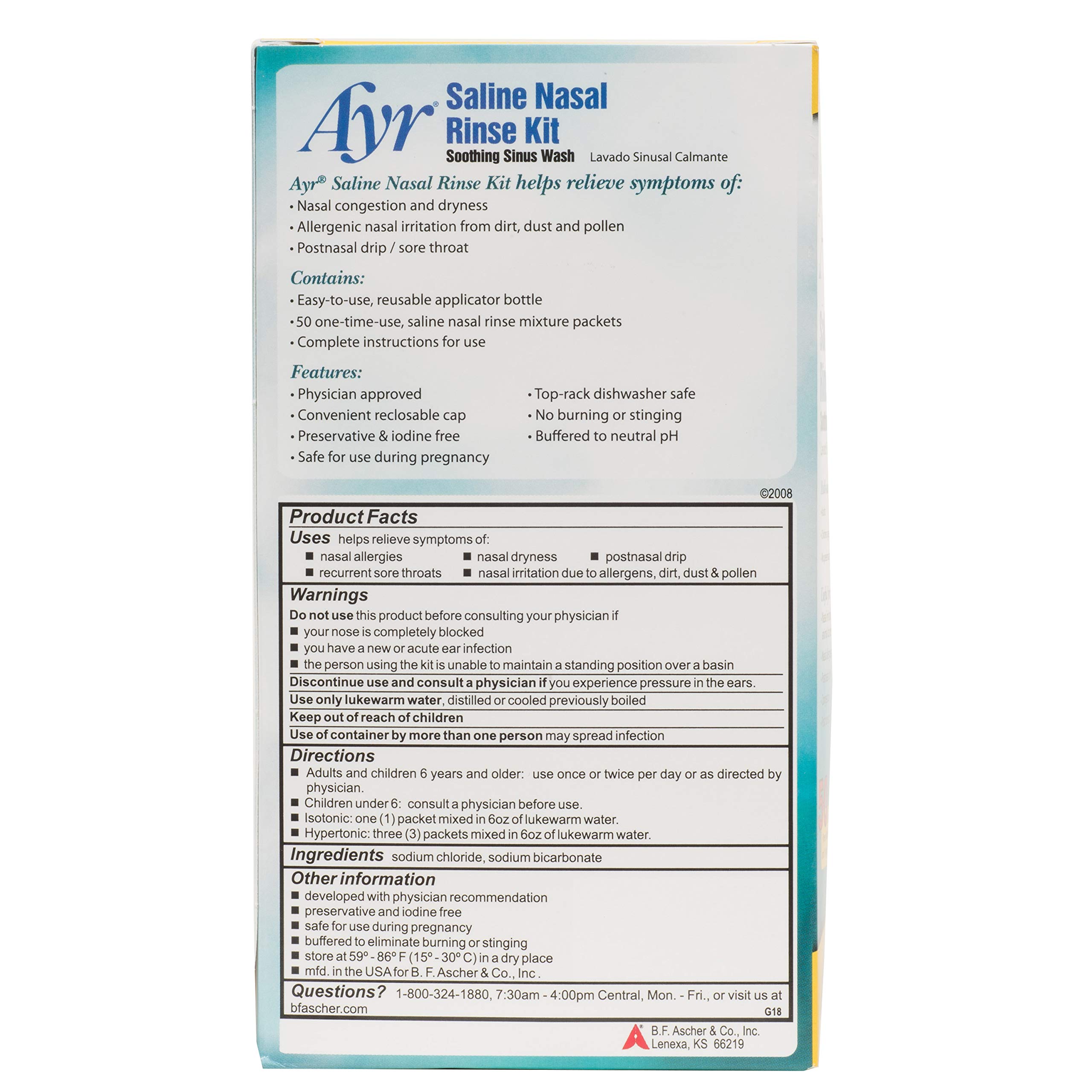 AYR Saline Nasal Rinse Kit Soothing Sinus Wash, 50-Count Saline Nasal Rinse Mixture Packets Plus Applicator Bottle (Pack of 2)