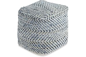 Signature Design by Ashley Chevron Handmade Woven Pouf 18 x 18, Blue and White