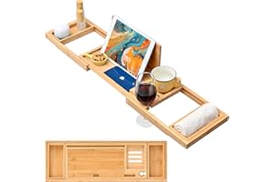 HISECOO Wood Foldable Bathtub Tray,Caddy Bamboo Bathtub Tray Expandable, Bath Tub Table Caddy with Extending Sides - Bathtub Accessories for Women or Men,Bath Caddy Tray for Bathtub (Natural)