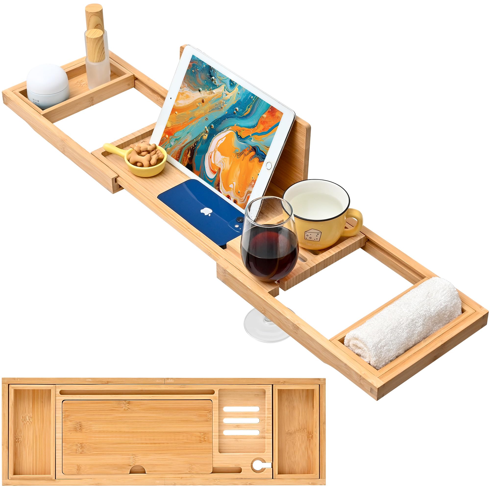 Photo 1 of HISECOO Wood Foldable Bathtub Tray,Caddy Bamboo Bathtub Tray Expandable, Bath Tub Table Caddy with Extending Sides - Bathtub Accessories for Women or Men,Bath Caddy Tray for Bathtub (Natural)