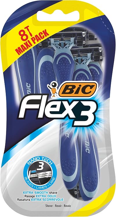 BIC Flex 3 Disposable Razors for Men - 3 Blade, Light Handle, Pack of 8
