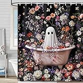 Halloween Shower Curtain Fall Floral Funny Cute Ghost Scary Spooky Bathtub Vintage Flower Gothic Horror Bathroom Curtain Washable Shower Curtain Sets Polyester Hooks Waterproof Decor 71X71 in