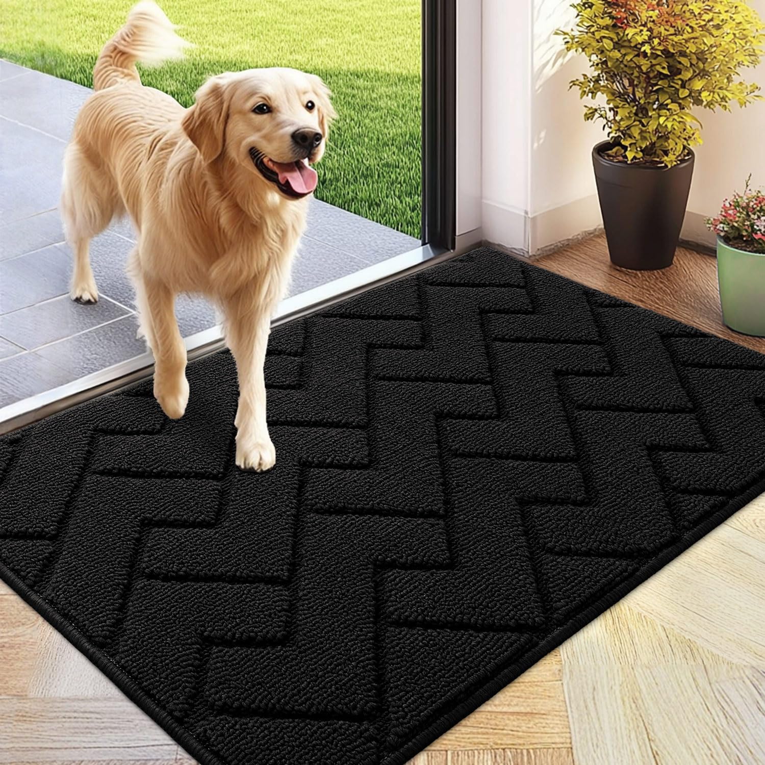 Biscpro Door Mat 60x90cm,Indoor DoorMat Washable,Doormat Indoor Dirt Trapper Non-slip,Absorbent Inside Entrance Rug Floor Mat for Entryway,Patio,Garden,Laundry Room,Pets - Black