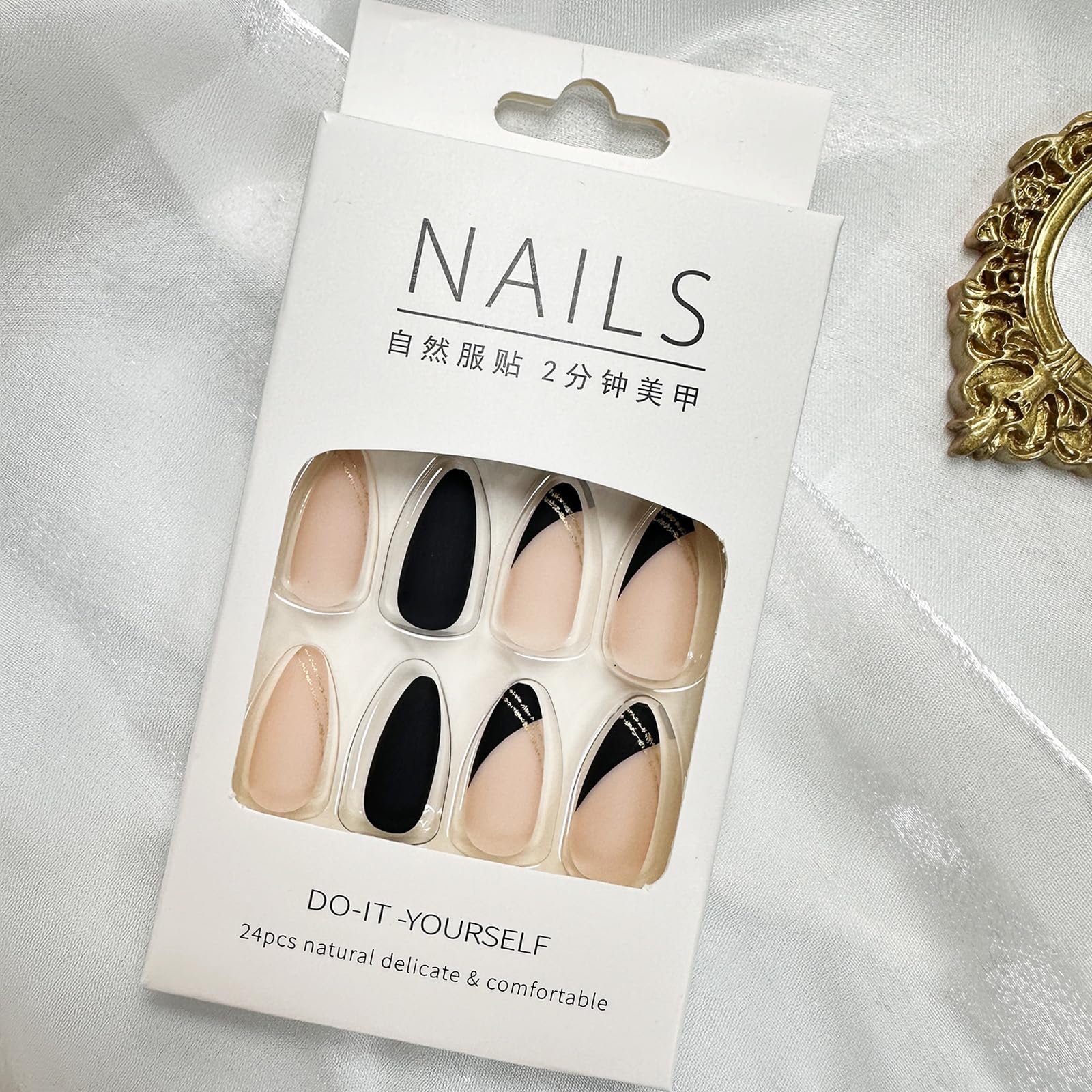 Black Press on Nails Medium Almond Fake Nails Matte False Nails Press ons with Designs French Tip Acrylic Full Cover Glue on Nails Artificial Stick on Nails for Women Manicure 24 Pcs - Image 5