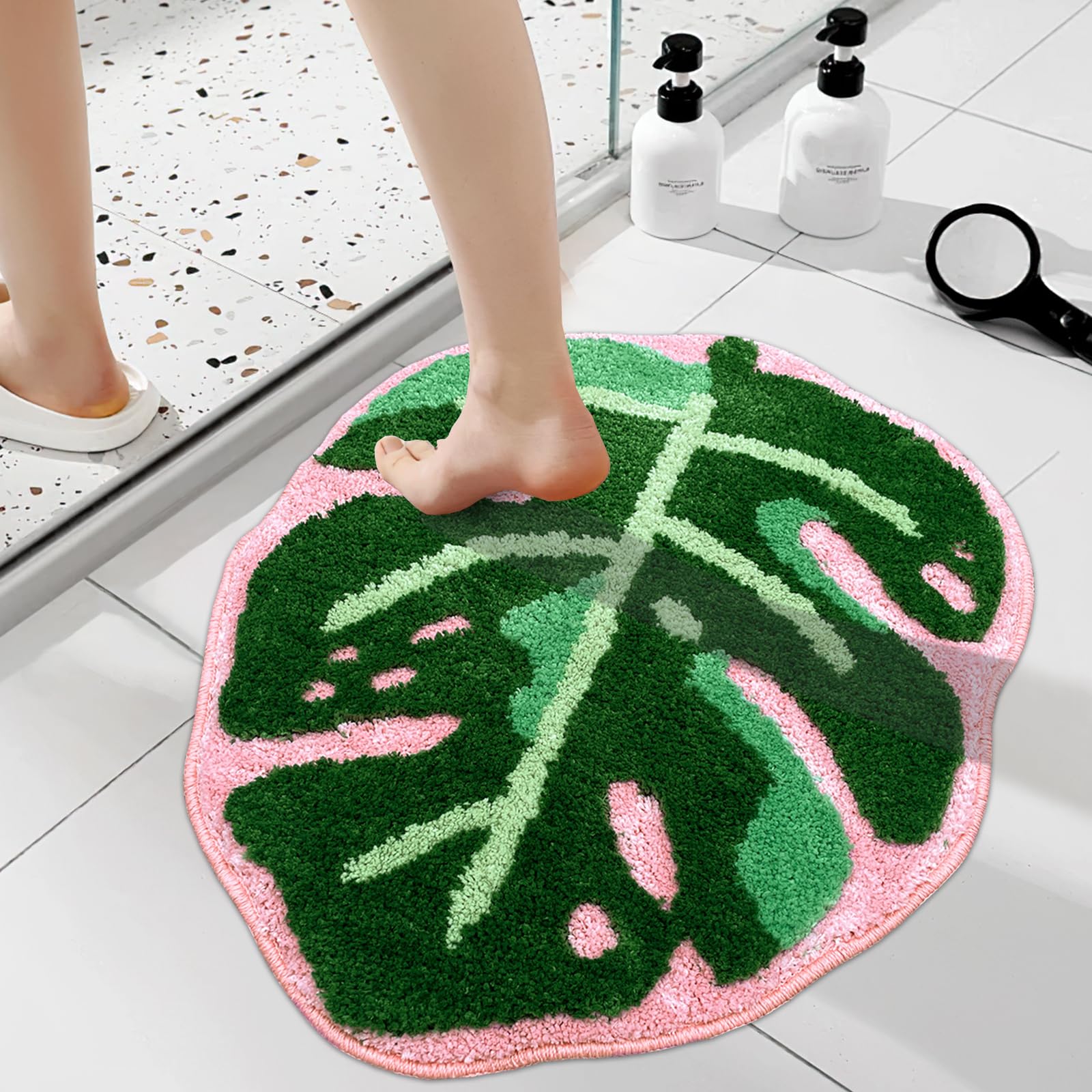 Photo 1 of Sisher Monstera Bath Mat Cute Bathroom Rug Non Slip Palm Shaped Plush Fun Area Rug Bathtub Rugs Machine Washable Green and Pink Leaf Mat?21"X26"?