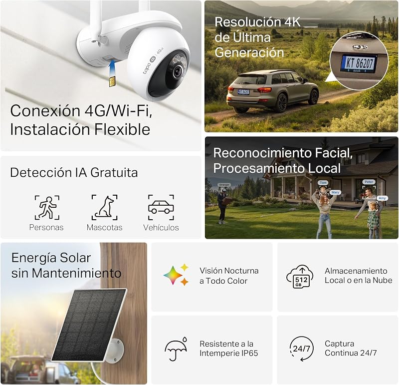 Kit C665G - Câmara de vigilância WiFi exterior 360°, 4G e WiFi, 4K, Solar