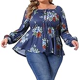 Agnes Orinda Plus Size Floral Tops for Women Sweetheart Neck Long Sleeve Shirts Peplum Top